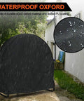 Outdoor Waterproof Log Rack Cover Heavy Duty Windproof UV Resistant Tarp With PVC Backing in rain, showing water droplets.