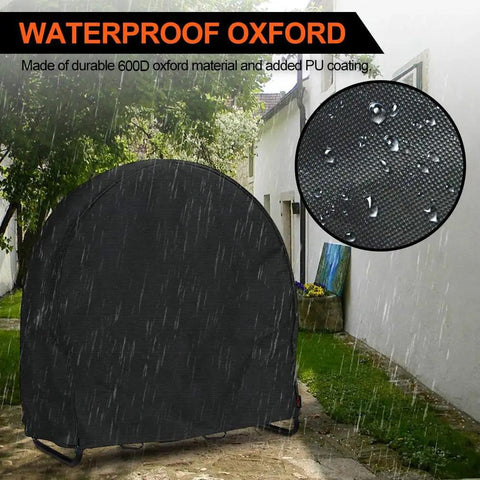 Outdoor Waterproof Log Rack Cover Heavy Duty Windproof UV Resistant Tarp With PVC Backing in rain, showing water droplets.