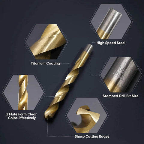 Titanium Coated Drill Bit Set, 99-Piece HSS Kit With 135 Degree Tips, showing titanium coating and sharp cutting edges.