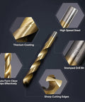 230 Piece Titanium Coated Drill Bit Set With 135 Degree Tip Pro Grade HSS Drill Bits Kit details highlighting titanium coat and sharp cutting edges