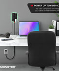 Desk setup with Power Shield XL Surge Protector with Outlet Extender 4 Grounded AC Outlets and 2 USB A Ports beside laptop.