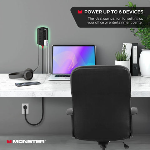 Desk setup with Power Shield XL Surge Protector with Outlet Extender 4 Grounded AC Outlets and 2 USB A Ports beside laptop.