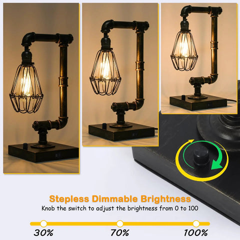 Dope Steampunk Table Lamp With USB Ports, Industrial Desk Lamp In Bronze Metal Finish, Dimmable Three Brightness Levels