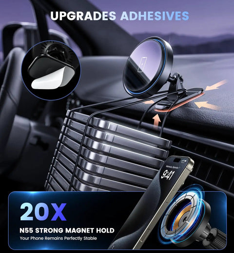 3 In 1 Car Phone Mount Charger With 15W Wireless Fast Charge on car dashboard with strong adhesive and magnet hold