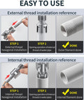 Easy installation guide for Dual Function Pipe Threading Tool For PVC Piping Internal And External Threads With 1/2 And 3/4 Dies Heavy Duty Alloy Steel Electric Drill Compatible Quick Clean Threads For DIY Home Repair 2 Pack, showing steps for threading external and internal PVC piping.