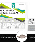 4 Pack 8x8x1 Air Filter MERV 8 For HVAC Furnace And AC Replacement, labeled packaging with dust cloth, fits most 8x8 slots
