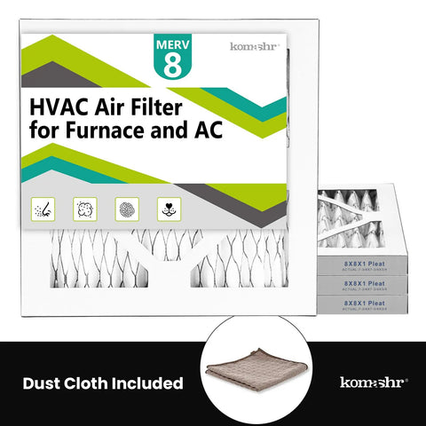 4 Pack 8x8x1 Air Filter MERV 8 For HVAC Furnace And AC Replacement, labeled packaging with dust cloth, fits most 8x8 slots