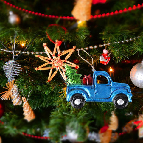 Festive Pickup Truck Ornament With Christmas Tree Decor Iron And Glass Hanging Keepsake on Christmas tree