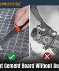 Hand using Heavy-Duty Backer Board Scoring Knife with Dual Tungsten Carbide Blades, ergonomic grip, on cement tile.