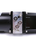Close-up of a 12V DC hydraulic linear actuator mounting plate with bolts on a black cylinder