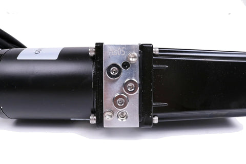 Close-up of a 12V DC hydraulic linear actuator mounting plate with bolts on a black cylinder