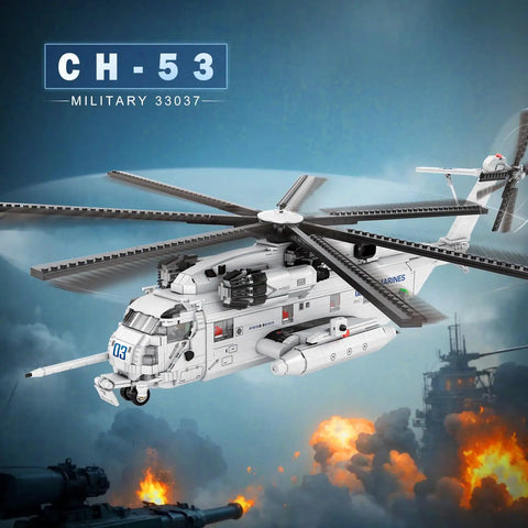 Epic Military Helicopter Building Set 33037 Transformable CH 53 Style Model Kit shown flying over battle scene.