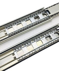 Close-up of Five Pairs Of 16 Inch Full Extension Drawer Slides With Ball Bearing Silent Side Mount Quiet Glide Action Zinc Plated Steel