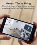Person viewing live feed from 1080P Indoor Security Camera With WiFi on smartphone, showing room and child playing.