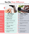 Comparison of our Tech And Lens Wipes and competitor wipes highlighting features like pack size, formula, safety, and usage benefits.