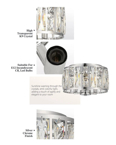 High transparent K9 crystal detail on 12 Inch Semi Flush Mount Crystal Ceiling Light With Matte Black Finish, 3 Light Modern Chandelier