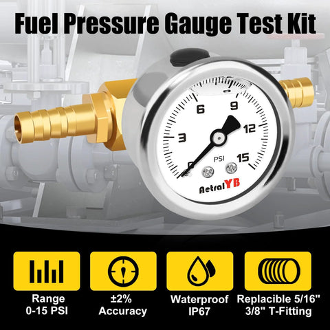 AetralYB 0-15 PSI fuel pressure test gauge with glycerin-filled 1-1/2 in dial and brass fittings