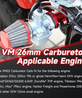 VM22 26mm Carburetor Throttle Assembly installed on a Predator engine, showcasing air filter and detailed compatibility text overlay.