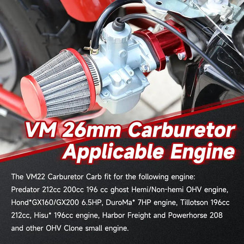VM22 26mm Carburetor Throttle Assembly installed on a Predator engine, showcasing air filter and detailed compatibility text overlay.