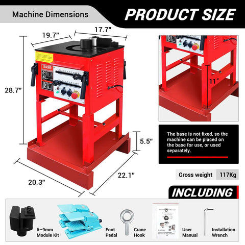 LOschten 1700W Desktop Electric Hydraulic Rebar Bender Zero To 180 Degrees dimensions with red base, control panel, and included accessories.