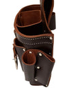 Side view of dark brown Full Grain Leather Electrician Tool Pouch Bag For Contractors With Ten Pockets 100 Percent Leather Heavy Duty Belt Pouch Fits Up To Three Inch Belts Professional Grade Carpenter Utility Carrier Dark Brown.