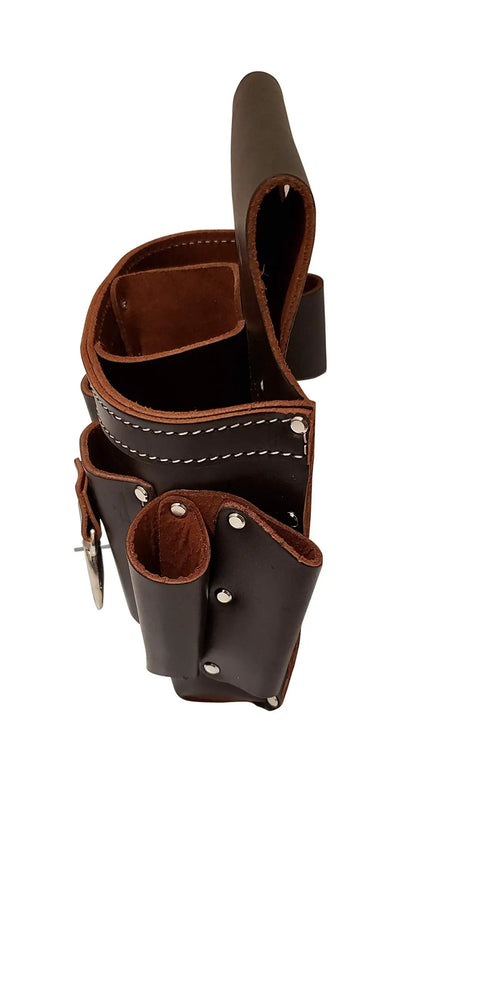Side view of dark brown Full Grain Leather Electrician Tool Pouch Bag For Contractors With Ten Pockets 100 Percent Leather Heavy Duty Belt Pouch Fits Up To Three Inch Belts Professional Grade Carpenter Utility Carrier Dark Brown.