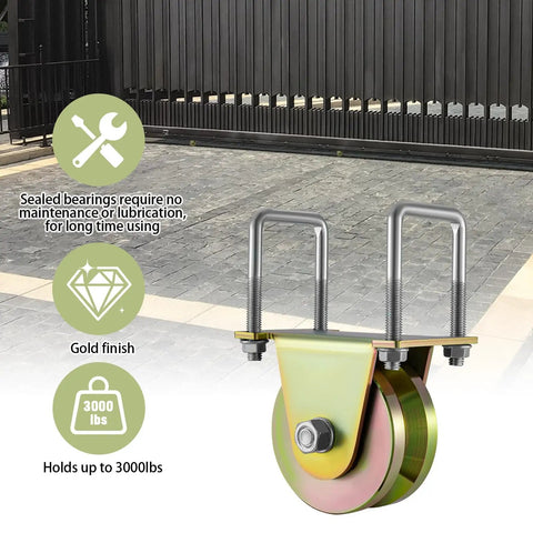 Smooth Operator 4 Inch Crowned V Groove Sliding Gate Rollers Double Bearing Wheels With U Bracket M12 Bolts in gold finish.