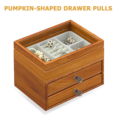 Jewelry box with Vintage Pumpkin Drawer Pulls 12 Piece Set Old School Round Cabinet Knobs visible on drawers, lantern green bronze.