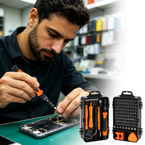 The Ultimate 115 In 1 Magnetic Precision Screwdriver Tool Kit For Electronics Repair With Torx Bits Flexible Shaft Driver Set Perfect Gifts for Guys Fixing Laptops Phones MacBooks PS5 Xbox Gaming Consoles Smartwatches And Eyewear. Man repairing smartphone with orange magnetic precision screwdriver kit
