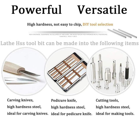 Two Pack HSS Lathe Tool Bits 12x12x200mm Square Cutter Bar For Milling Turning Parting Engraving High Speed Steel Blank Tool Bit With Hardness HRC 60 To 62 Boss Grade For Cutting Hard Materials Like Mild Steel Alloy And Tool Steel displayed with carving tools, pedicure knife, and cutting tools.