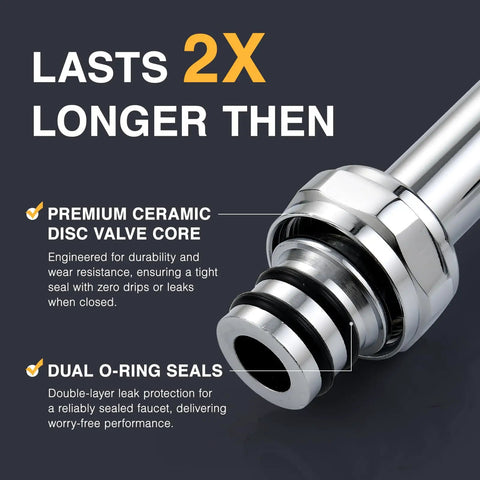 Close-up of Heavy Duty Commercial Sink Faucet Wall Mount With Pre Rinse Sprayer, showcasing premium ceramic disc valve core and dual O-ring seals.