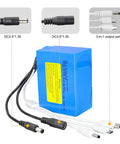 Go-To 12V 5200mAh Rechargeable Lithium Battery Pack with charger and DC5521 connector, 5V/12V output, 3-in-1 USB port shown.
