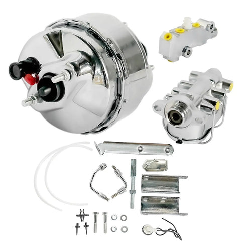 9 Inch Dual Diaphragm Chrome Power Brake Booster Paired With 1 1 8 Bore Master Cylinder And PV4 Disc Drum Proportioning Valve for Chevy Corvette 1968 to 1982.