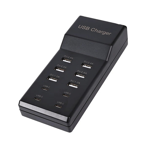 50W 10 Port USB Charging Station With 6 USB A Ports And 4 USB C Ports All In One Fast Charger For iPhone 15 14 13 12 11 X 8 7 6 Watches Tablets And Smartphones Black close-up