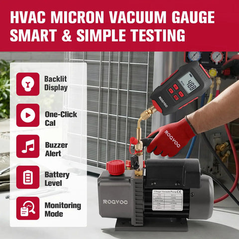 Digital HVAC Vacuum Gauge With Real Time Micron Readout 1/4 Inch SAE Connection Vacuum Meter For Refrigeration Systems And Heat Pumps on vacuum pump