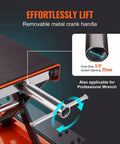 Close-up of crank handle on 1100 Lbs Motorcycle Lift With Dolly And Hand Crank Scissor Lift Jack For Street Bikes Cruiser Bikes And Touring Motorcycles Center Hoist Stand Wide Deck And Tool Tray For Maintenance And Cleaning