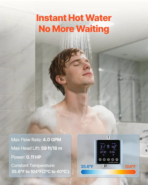 Smart Digital Instant Hot Water Recirculating Pump Kit under sink with Thermostat Timer and Auto Shutoff 4.0 GPM Flow Rate check valve in use.