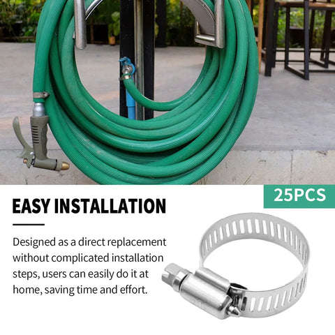 MDEOOSKY 25-pack 304 stainless steel hose clamps, 3/4–1-1/4 in, worm-drive; green hose with spray nozzle shown.