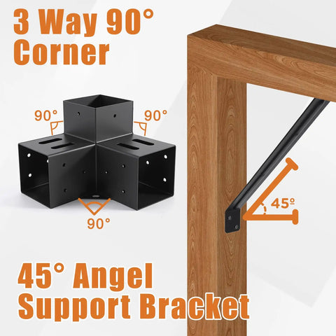 Beefed Up 4x4 Pergola Brackets Set Of 4, 3 Way Right Angle Corner Brackets For DIY Pergola Kits, 45 Degree Angle Supports For Gazebos, Patios, Outdoor Pergolas, And Log Cabins, Durable Q235B Steel With Black Powder Coat