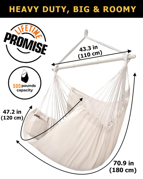 XXL Hammock Chair For Big Folks With Generous 70.9 By 47.2 Inches, 500 Lb Capacity, Heavy Duty Steel Spreader Bar, white fabric