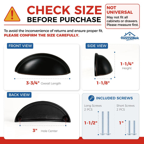 Slick Oil Rubbed Bronze Cup Pulls For Kitchen Cabinets And Drawers 3 Inch Hole Centers 15 Pack images showing size dimensions and screw details.
