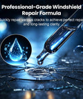 Hassle Free Windshield Chip And Crack Repair Kit Featuring Thick Uv Cure Resin For Bullseye Star And Straight Damage, close-up of resin drop on cracked glass.