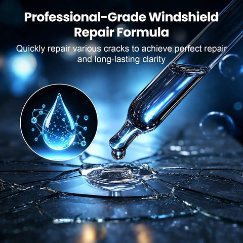 Hassle Free Windshield Chip And Crack Repair Kit Featuring Thick Uv Cure Resin For Bullseye Star And Straight Damage, close-up of resin drop on cracked glass.