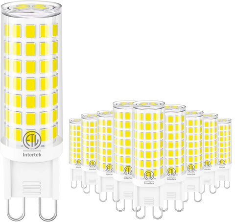 Ten Pack G9 LED Bulbs 6W For Halogen Replacement 60W, Ultra Bright 6000K Daylight Glow, showcasing yellow LED grid and ceramic base.