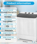 Portable Twin Tub Washing Machine With 19 Pound Washer And 11 Pound Spinner Dryer Featuring A Heavy Duty Drain Pump For No Sweat And Effortless Apartment Laundry Days showing specs including size and power details.