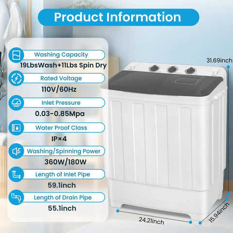 Portable Twin Tub Washing Machine With 19 Pound Washer And 11 Pound Spinner Dryer Featuring A Heavy Duty Drain Pump For No Sweat And Effortless Apartment Laundry Days showing specs including size and power details.