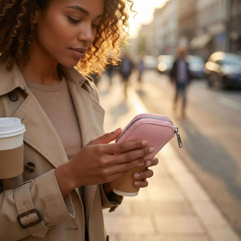 Woman holding a coffee cup and Tight Sealed Zipper Sleeve For Apple AirPods Universal Protective Cover Fits Every Gen Model With Heavy Duty Bump Shield And Sweet Pink Travel Storage Case.