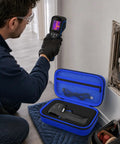 Hard Shell Thermal Camera Case With Customizable DIY Sponge Inserts, Removable And Adjustable Inner Foam, Fits TOPDON TC004, HSFTOOLS HF96, H128 And Other Similar Sized Thermal Imagers Built Tough For Rugged Travel And Safe Storage On The Go. Open blue hard shell case with thermal imager during home inspection.