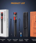 Visual fault locator tool with 50 km range, black textured body, 2.5 mm adapters, includes carry bag and manual