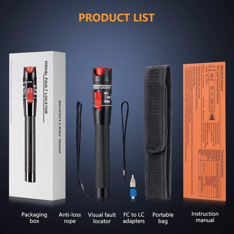 Visual fault locator tool with 50 km range, black textured body, 2.5 mm adapters, includes carry bag and manual